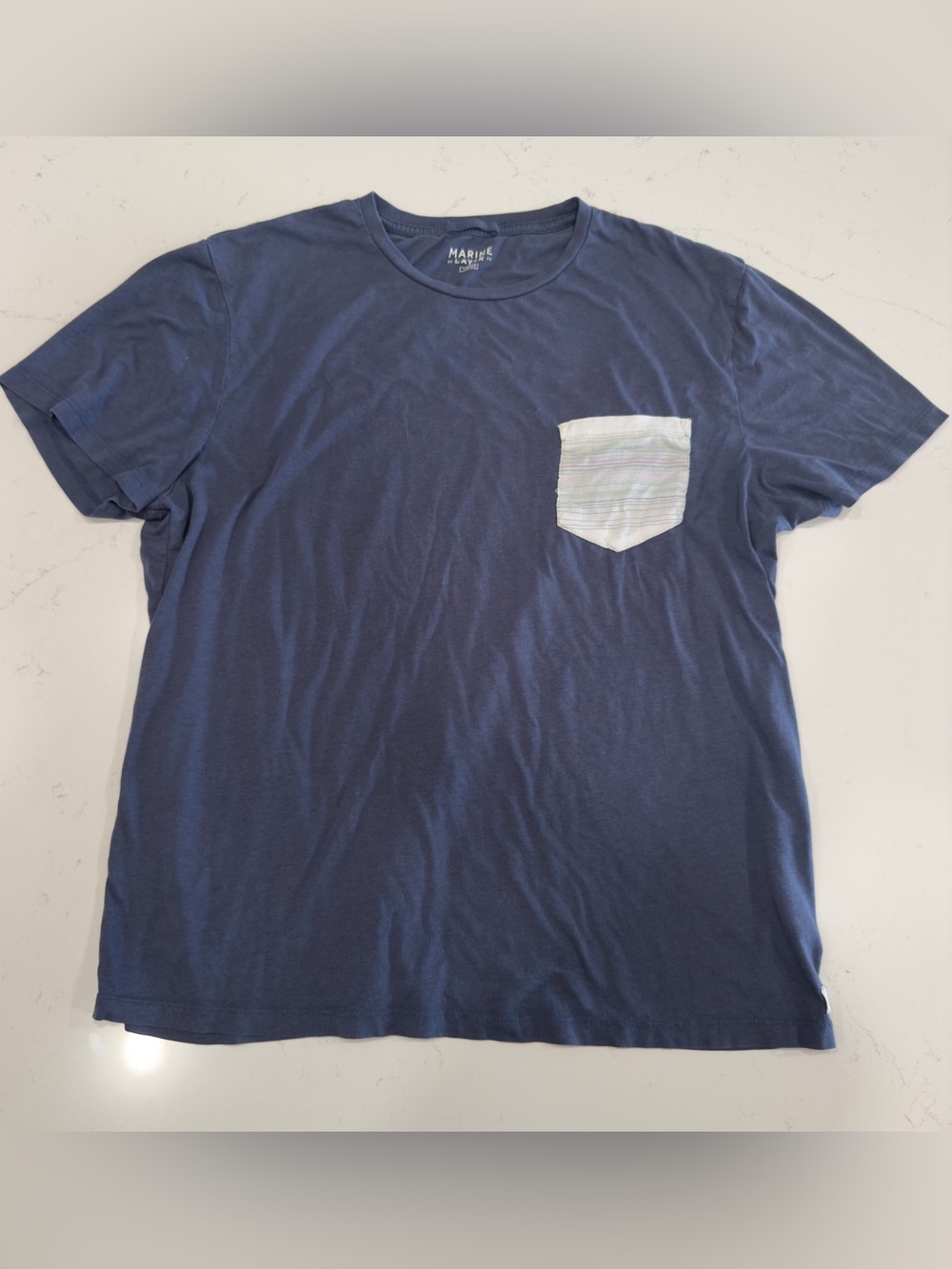 Marine Layer Men’s Navy Tee with Striped Chest Pocket - Large